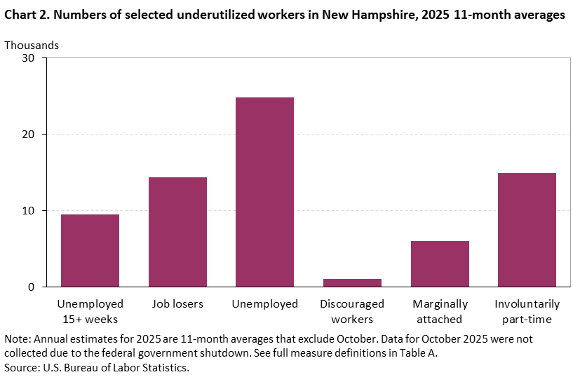 Bar chart of numbers of selected underutilized workers in New Hampshire, 2025 11-month averages. Accessible version is available in View Chart Data link below the chart.