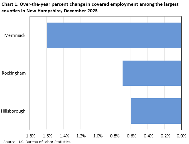 Horizontal bar chart of over-the-year percent changes in covered employment among the largest counties in New Hampshire, December 2025. Accessible version is available in View Chart Data link below the chart.