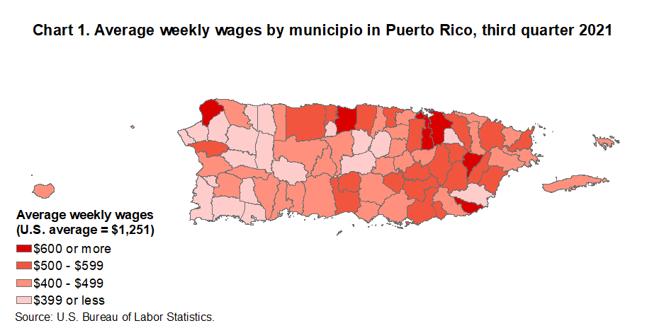 Chart 1. Average weekly wages by municipio in Puerto Rico, third quarter 2021 Chart 1. Average weekly wages by municipio in Puerto Rico, third quarter 2021