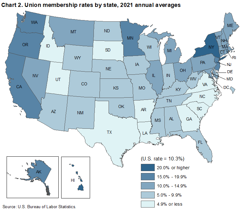 Chart 2. Union membership rates by state, 2021 annual averages Chart 2. Union membership rates by state, 2021 annual averages