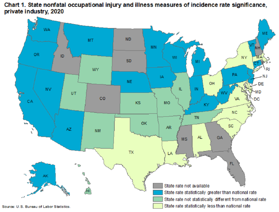 Chart 1. State nonfatal occupational injury and illness measures of incidence rate significance, private industry, 2020 Chart 1. State nonfatal occupational injury and illness measures of incidence rate significance, private industry, 2020
