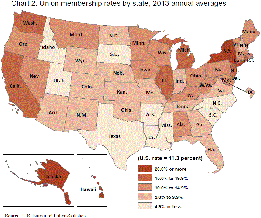 Chart 2. Union membership by rates by state, 2013 annual averages