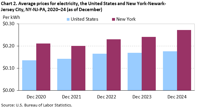 Bar chart of average prices for electricity in the United States and New York-Newark-Jersey City, NY-NJ-PA, December 2020 to December 2024. Accessible version is available in View Chart Data link below the chart. Bar chart of average prices for electricity in the United States and New York-Newark-Jersey City, NY-NJ-PA, December 2020 to December 2024. Accessible version is available in View Chart Data link below the chart.