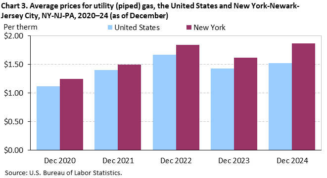 Bar chart of average prices for utility (piped) gas in the United States and New York-Newark-Jersey City, NY-NJ-PA, December 2020 to December 2024. Accessible version is available in View Chart Data link below the chart. Bar chart of average prices for utility (piped) gas in the United States and New York-Newark-Jersey City, NY-NJ-PA, December 2020 to December 2024. Accessible version is available in View Chart Data link below the chart.