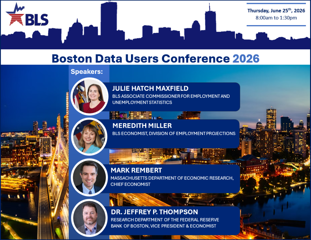Boston Data Users Conference 2026 poster, with a pictured list of conference speakers, Julie Hatch Maxfield, Meredith Miller, Mark Rembert, and Dr. Jeffrey P. Thompson. Speaker, place of business, and other details provided below. 