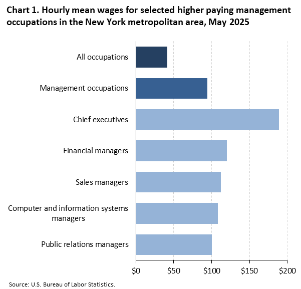 Horizontal bar chart of hourly mean wages for selected higher paying management occupations in the New York metropolitan area, May 2025. Accessible version is available in View Chart Data link below the chart. Horizontal bar chart of hourly mean wages for selected higher paying management occupations in the New York metropolitan area, May 2025. Accessible version is available in View Chart Data link below the chart.