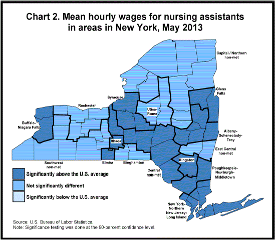 Chart 2. Mean annual wages for nursing assistants in areas in New York, May 2013