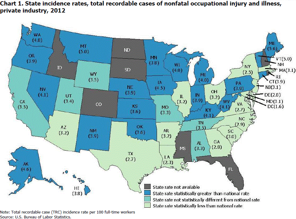 Chart 1. State incidence rates, total recordable cases of nonfatal occupational injury and illness, private industry, 2012