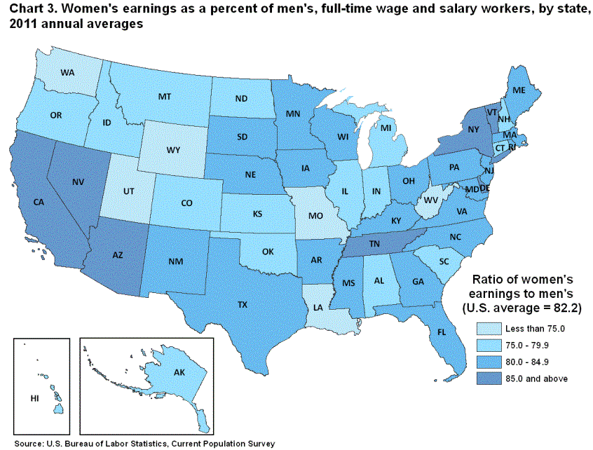 Chart 3. Women’s earnings as a percent of men’s, full-time wage and salary workers, by state, 2012 annual averages