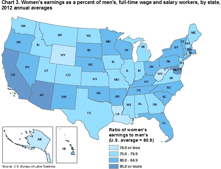 Chart 3. Women’s earnings as a percent of men’s, full time wage and salary workers, by state, 2012 annual averages
