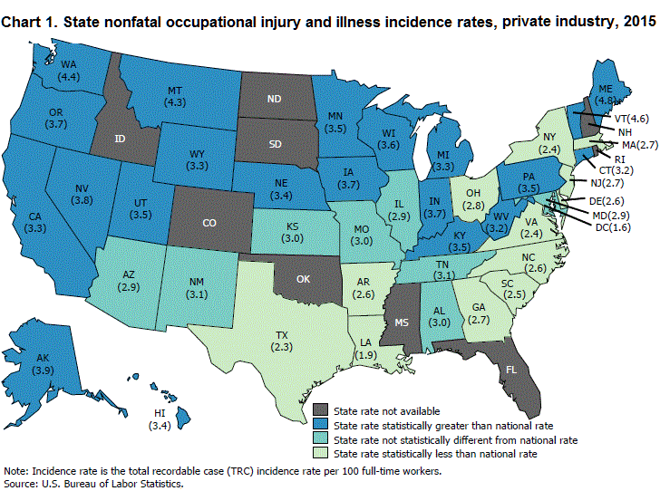 Chart 1. State nonfatal occupational injury and illness incidence rates, private industry, 2015