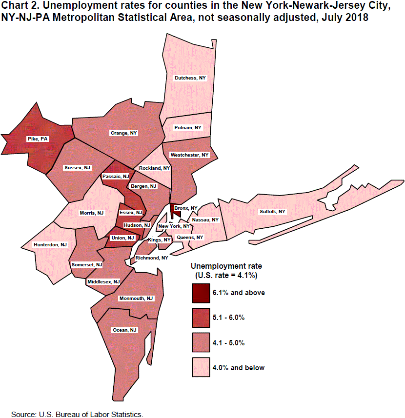 Chart 2. Unemployment rates for counties in the New York-Newark-Jersey City, NY-NJ-PA Metropolitan Statistical Area, not seasonally adjusted, July 2018