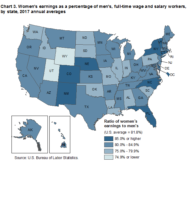 Chart 3.  Womenrsquo;s earnings as a percentage of menrsquo;s, full-time wage and salary workers, by state, 2017 annual averages
