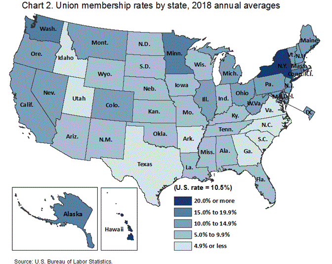 Chart 2. Union Membership rates by state, 2018 annual averages