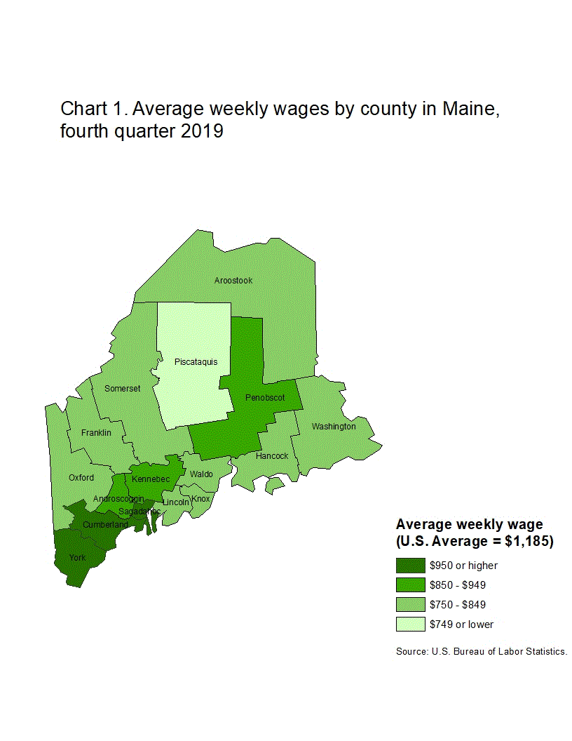 Chart 1. Average weekly wages by county in Maine, fourth quarter 2019