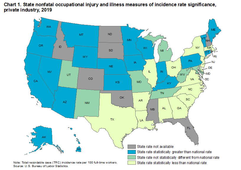 Chart 1. State nonfatal occupational injury and illness measures of incidence rate significance, private industry, 2019