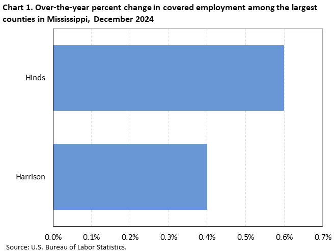 Chart 1. Horizontal bar chart displaying over-the-year percent change in covered employment among the largest counties in Mississippi, December 2024. Accessible version is available in View Chart Data link below the chart. 