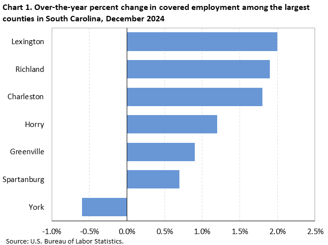 Chart 1. Horizontal bar chart displaying over-the-year percent change in covered employment among the largest counties in South Carolina, December 2024. Accessible version is available in View Chart Data link below the chart.
