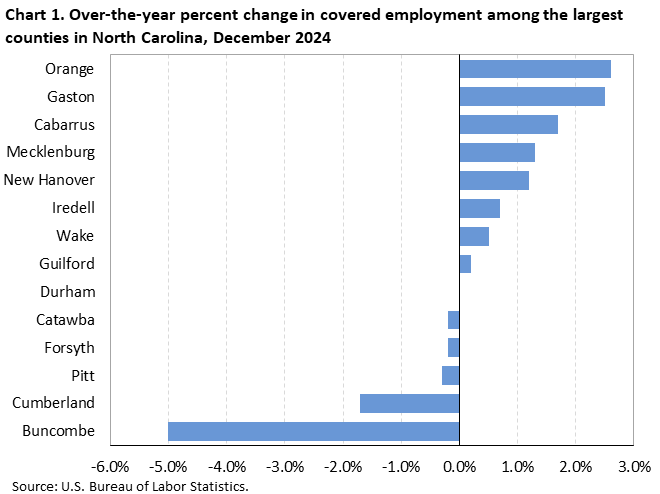 Chart 1. Horizontal bar chart displaying over-the-year percent change in covered employment among the largest counties in North Carolina, December 2024. Accessible version is available in View Chart Data link below the chart.