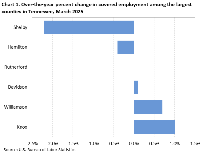 Chart 1. Horizontal bar chart displaying over-the-year percent change in covered employment among the largest counties in Tennessee, March 2025. Accessible version is available in View Chart Data link below the chart. 