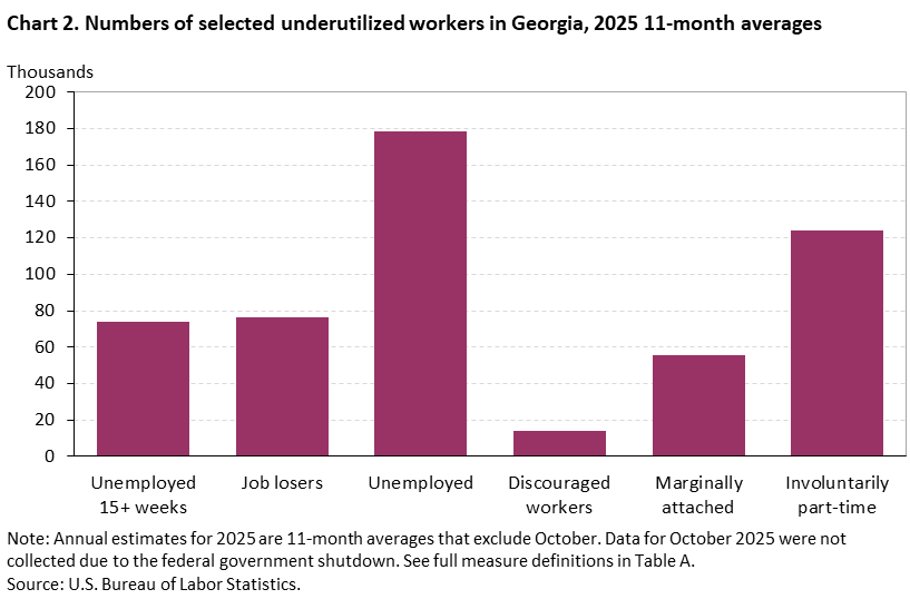 Chart 2. Bar chart of selected underutilized workers in Georgia, 2025 11-month averages. An accessible version is available in View Chart Data link below the chart.