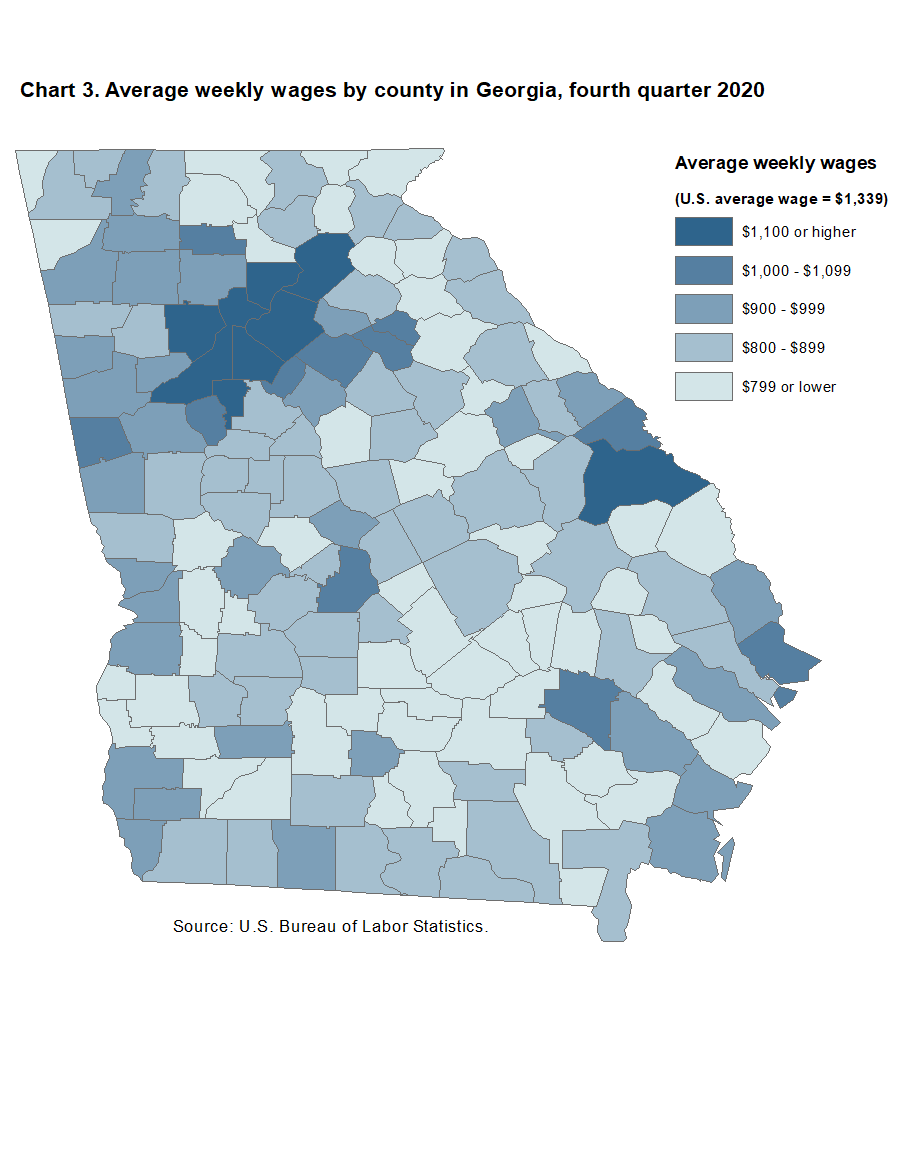 Chart 3. Average weekly wages by county in Georgia, fourth quarter 2020 Chart 3. Average weekly wages by county in Georgia, fourth quarter 2020