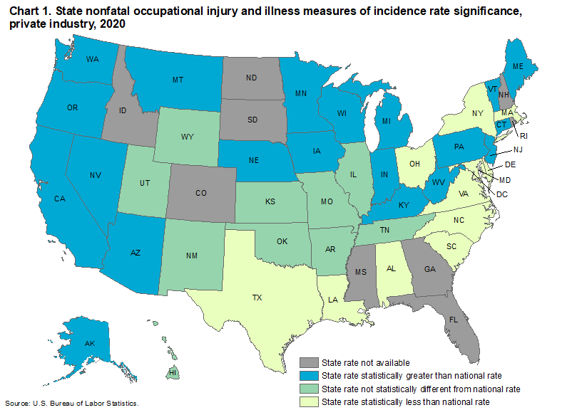 Chart 1. State nonfatal occupational injury and illness measures of incidence rate significance, private industry, 2020 Chart 1. State nonfatal occupational injury and illness measures of incidence rate significance, private industry, 2020
