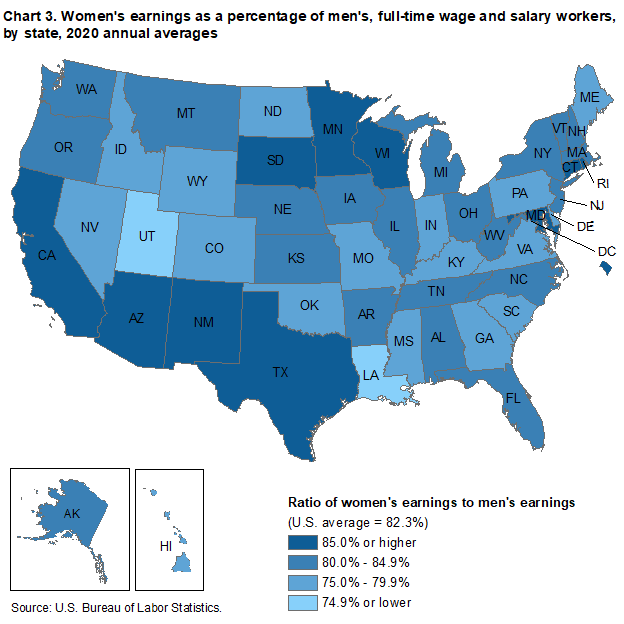 Chart 3. Women’s earnings as a percentage of men’s, full-time wage and salary workers, by state, 2020 annual averages Chart 3. Women’s earnings as a percentage of men’s, full-time wage and salary workers, by state, 2020 annual averages