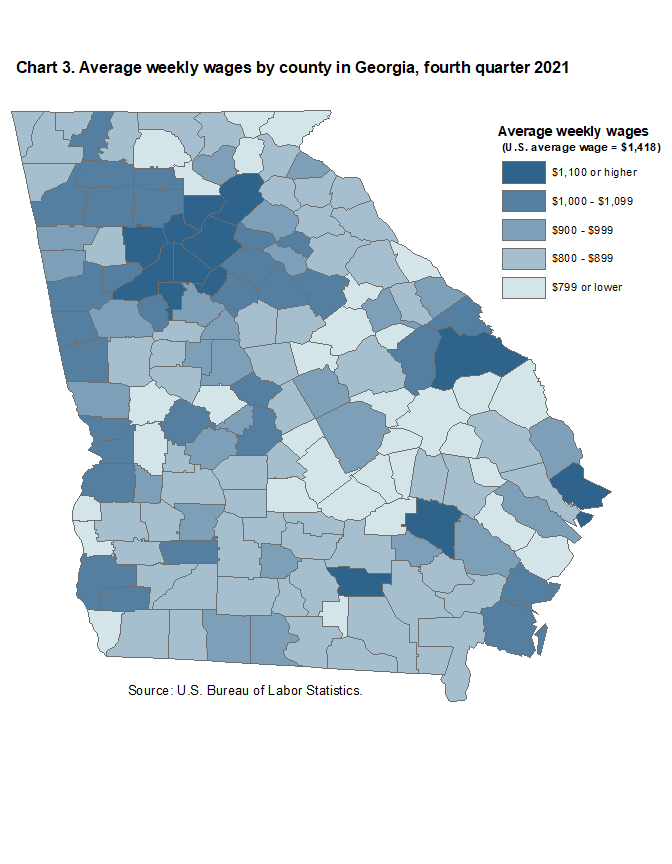 Chart 3. Average weekly wages by county in Georgia, fourth quarter 2021 Chart 3. Average weekly wages by county in Georgia, fourth quarter 2021