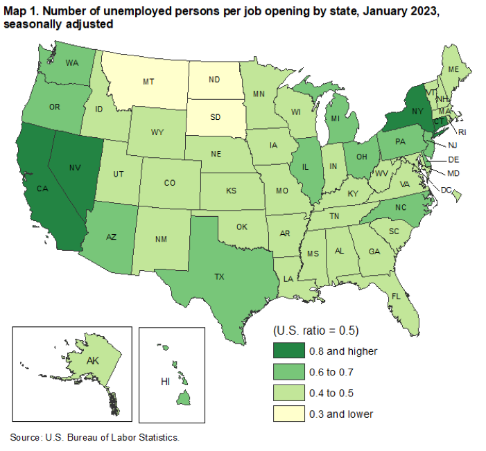Map 1. Number of unemployed persons per job opening by state, January 2023, seasonally adjusted Map 1. Number of unemployed persons per job opening by state, January 2023, seasonally adjusted