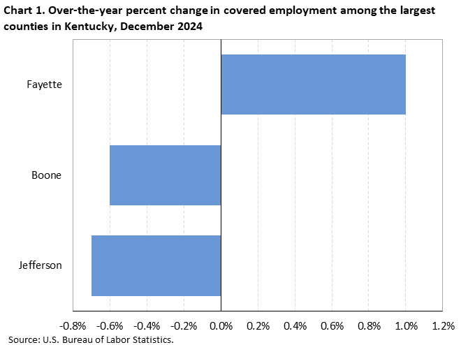 Chart 1. Horizontal bar chart displaying over-the-year percent change in covered employment among the largest counties in Kentucky, December 2024. Accessible version is available in View Chart Data link below the chart.