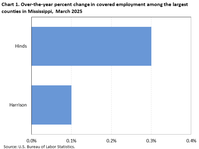 Chart 1. Horizontal bar chart displaying over-the-year percent change in covered employment among the largest counties in Mississippi, March 2025. Accessible version is available in View Chart Data link below the chart. 