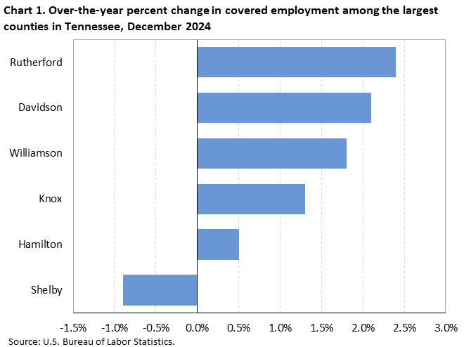 Chart 1. Horizontal bar chart displaying over-the-year percent change in covered employment among the largest counties in Tennessee, December 2024. Accessible version is available in View Chart Data link below the chart. 