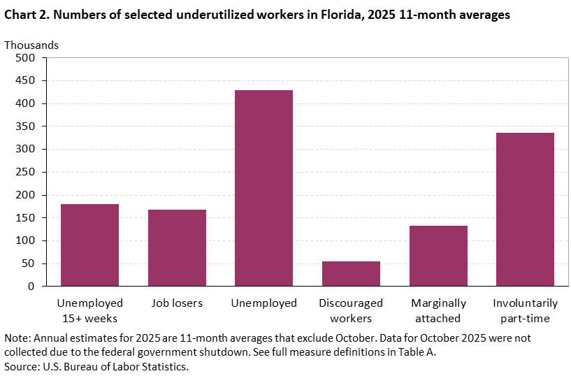 Chart 2. Bar chart of selected underutilized workers in Florida, 2025 11-month averages. An accessible version is available in View Chart Data link below the chart.
