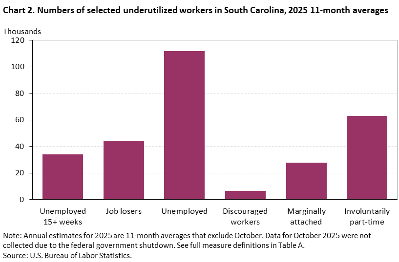 Chart 2. Bar chart of selected underutilized workers for South Carolina, 2025 11-month averages, An accessible version is available in View Chart Data link below the chart. Chart 2. Bar chart of selected underutilized workers for South Carolina, 2025 11-month averages, An accessible version is available in View Chart Data link below the chart.