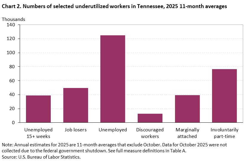 Chart 2. Bar chart of selected underutilized workers for Tennessee, 2025 11-month averages, An accessible version is available in View Chart Data link below the chart. Chart 2. Bar chart of selected underutilized workers for Tennessee, 2025 11-month averages, An accessible version is available in View Chart Data link below the chart.