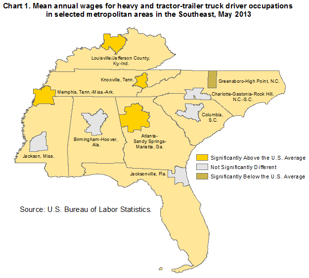 Chart 1. Mean annual wages for heavy and tractor-trailer truck driver occupations in selected metropolitan areas in the Southeast, May 2013