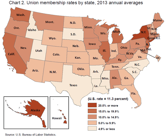 Chart 2. Union membership rates by state, 2013 annual averages