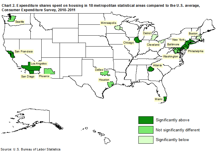 Chart 2. Expenditure shares spent on housing in 18 metropolitan statistical areas compared to the U.S. average, Consumer Expenditure Survey, 2010-2011