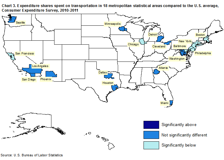 Chart 3. Expenditure shares spent on transportation in 18 metropolitan statistical areas compared to the U.S. average, Consumer Expenditure Survey, 2010-2011