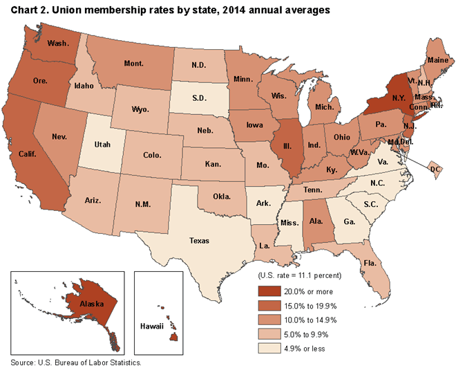 Chart 2. Union membership rates by state, 2014 annual averages