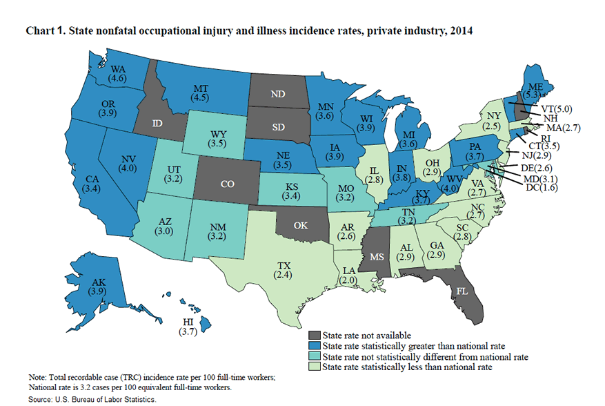 Chart 1. State nonfatal occupational injury and illness incidence rates, private industry, 2014
