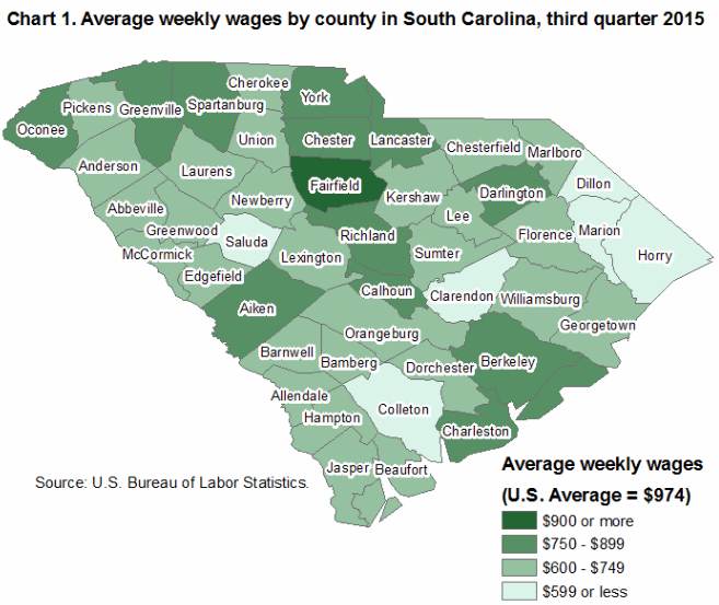Chart 1. Average weekly wages by county in South Carolina, third quarter 2015