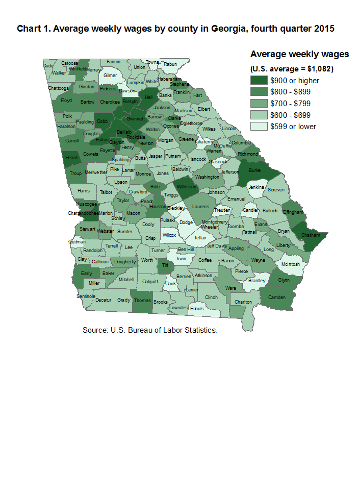 Chart 1. Average weekly wages by county in Georgia, fourth quarter 2015