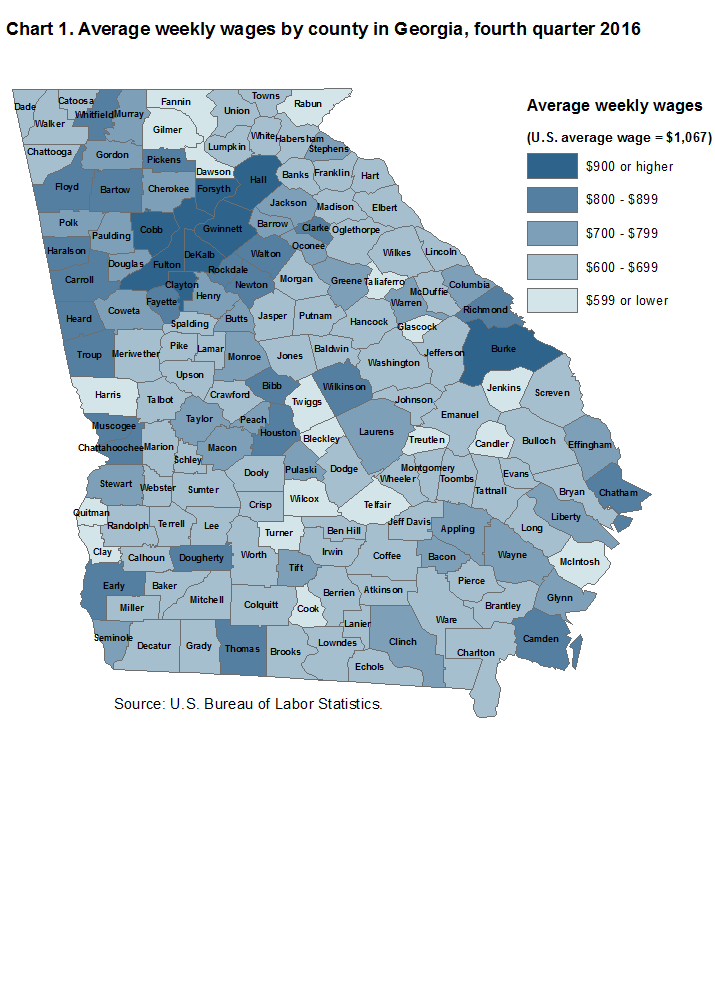 Chart 1. Average weekly wages by county in Georgia, fourth quarter 2016