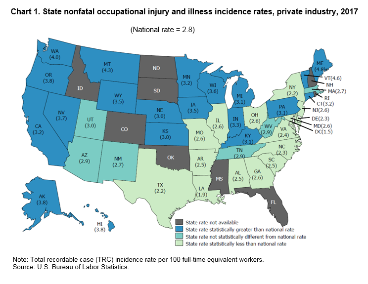 Chart 1. State nonfatal occupational injury and illness incidence rates, private industry, 2017