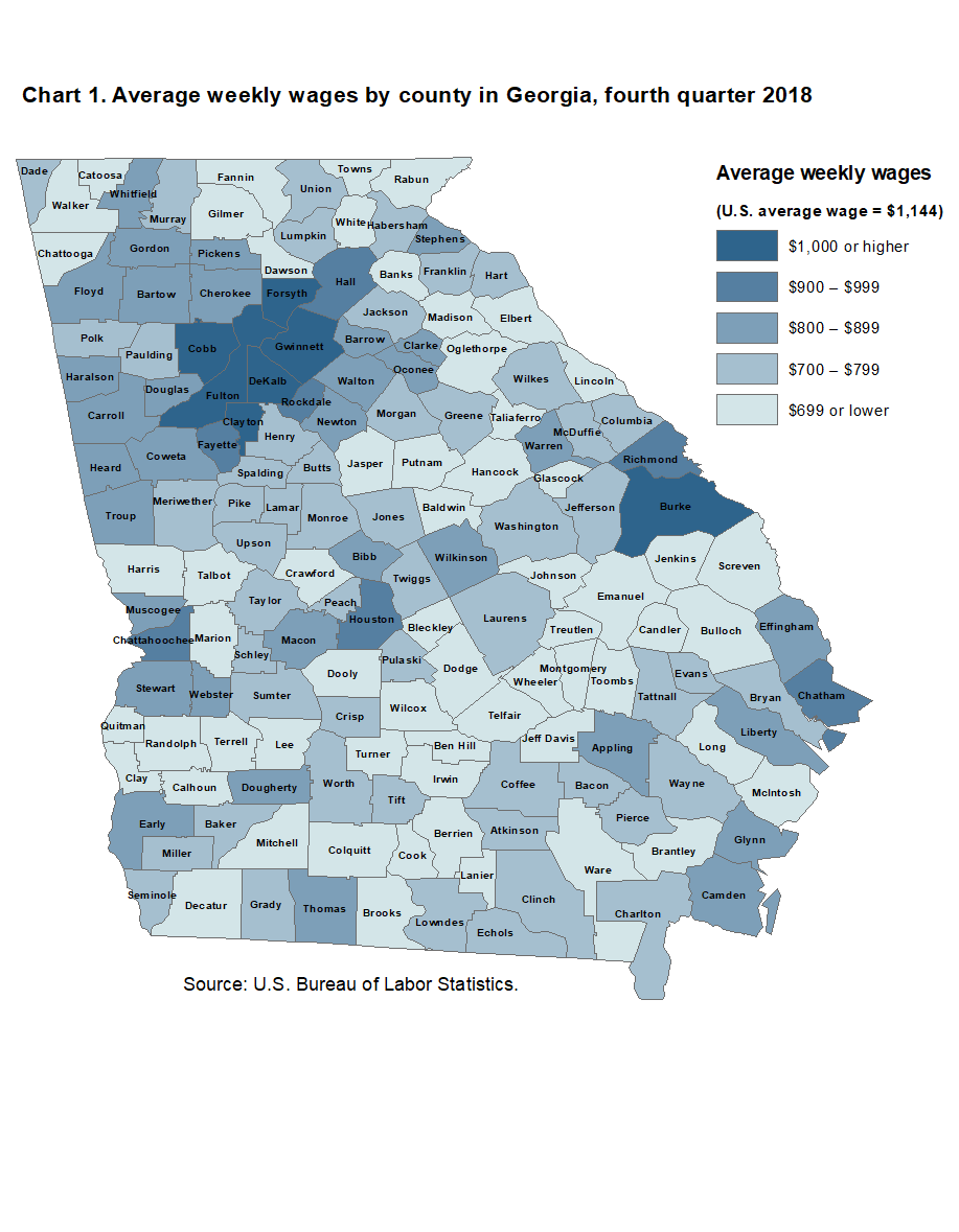 Chart 1. Average weekly wages by county in Georgia, fourth quarter 2018