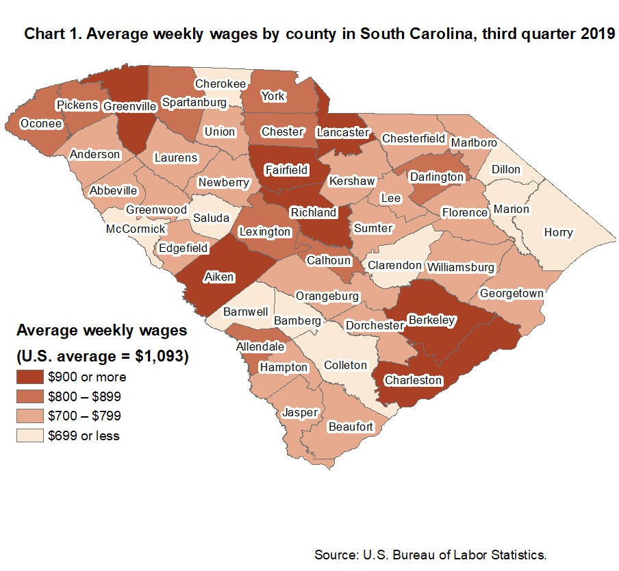 Chart 1. Average weekly wages by county in South Carolina, third quarter 2019