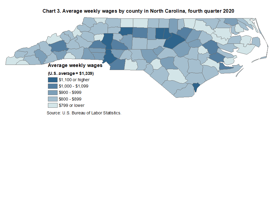 Chart 3. Average weekly wages by county in North Carolina, fourth quarter 2020