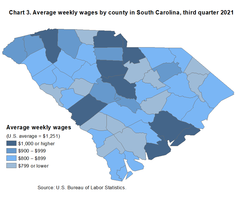 Chart 3. Average weekly wages by county in South Carolina, third quarter 2021